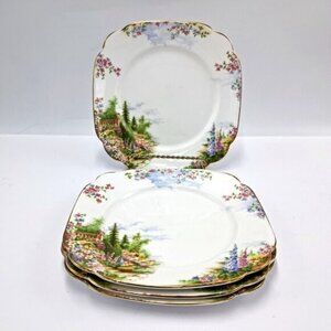 Royal Albert Kentish Rockery Square Salad Plates Set 4 Queen Mary England 1930s